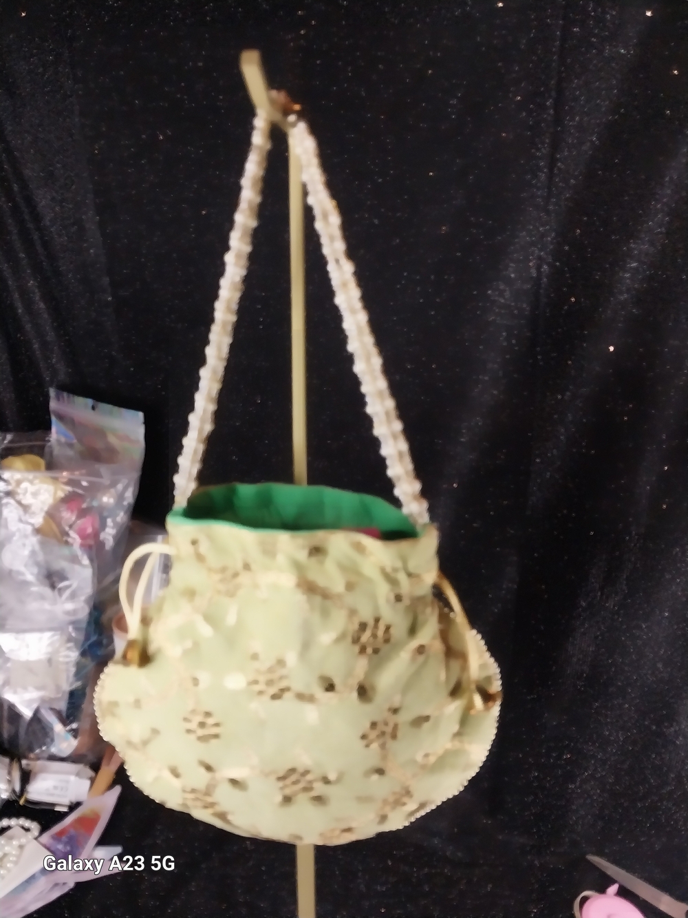 Zardasi Embroidered Potli Bag Multi Rows Pearl Beaded Straps Metallic Gold Green